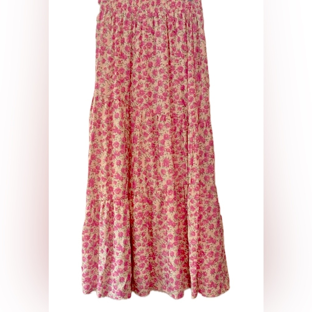 Moon River Pink & Green on Cream Background Tiered Maxi Skirt